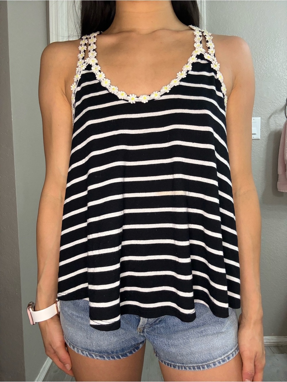 Striped Black and White Daisy-Trim Tank Top